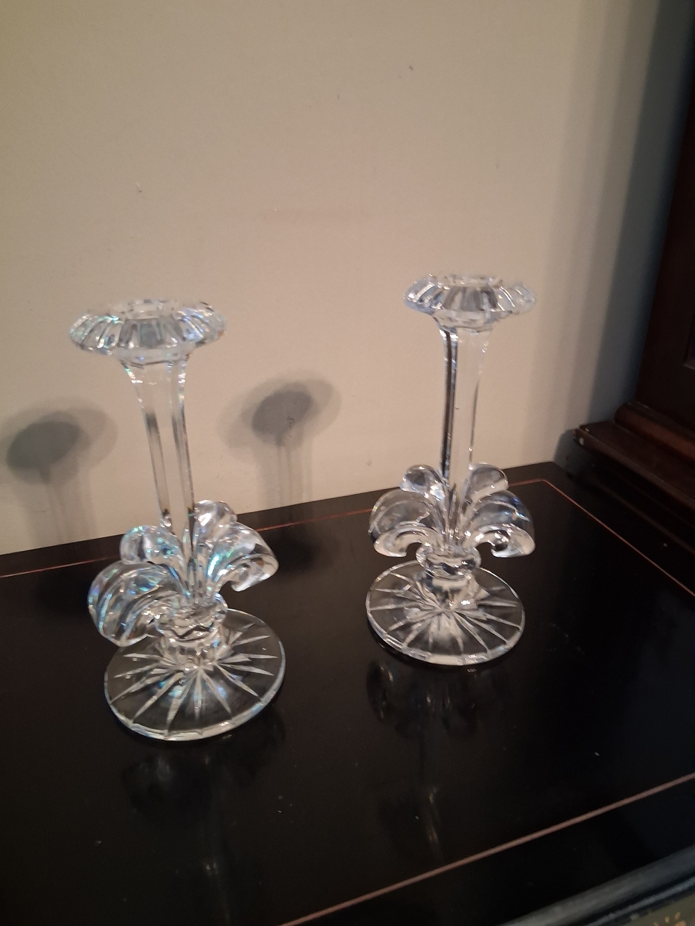 Crystal Fleur-de-Lis Taper Candle Holders - Clear Glass Pair